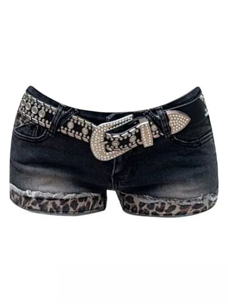 Vintage Streetwear Style Washed Retro Leopard Print Shorts 2025 Sumemr New Denim Shorts Women Y2k Sexy Slim Fit Bodycon Jean