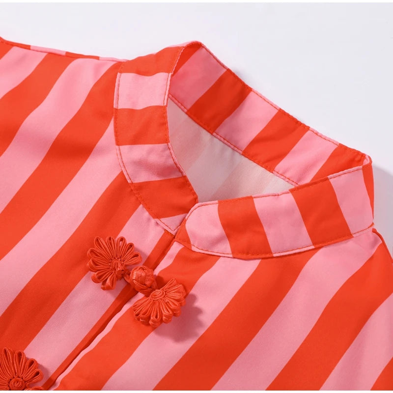 Striped Mandarin Collar Frog Button Ruffle Trim Top Striped Single‑breasted 2026 Summer Women Blouse Versatile Casual Lady Top
