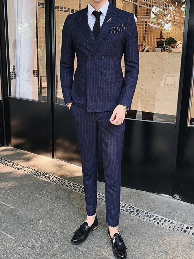 S-7XL ( Blazer + Vest + Pants ) Striped Plaid Solid Color Mens Formal Business Suit 3Pcs Set Groom Wedding Social Show Dress