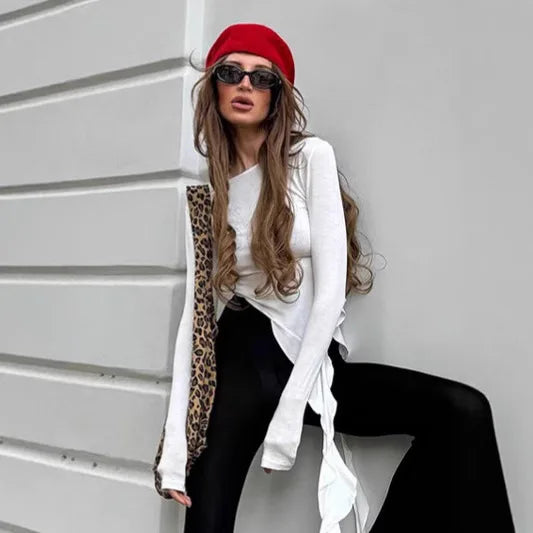 2025 Spring New Solid Color Knitted Top Fashionable Round Neck Long Sleeve Irregular Ruffle Design Slim Fit T-shirt Y2K Hot Girl