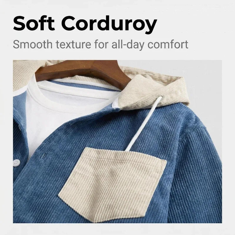 New Men's Corduroy Hoodie Shirt Long Sleeve Casual Streetwear Pocket Splicing Color Block Loose Fit Tops Autumn Spring Coats
