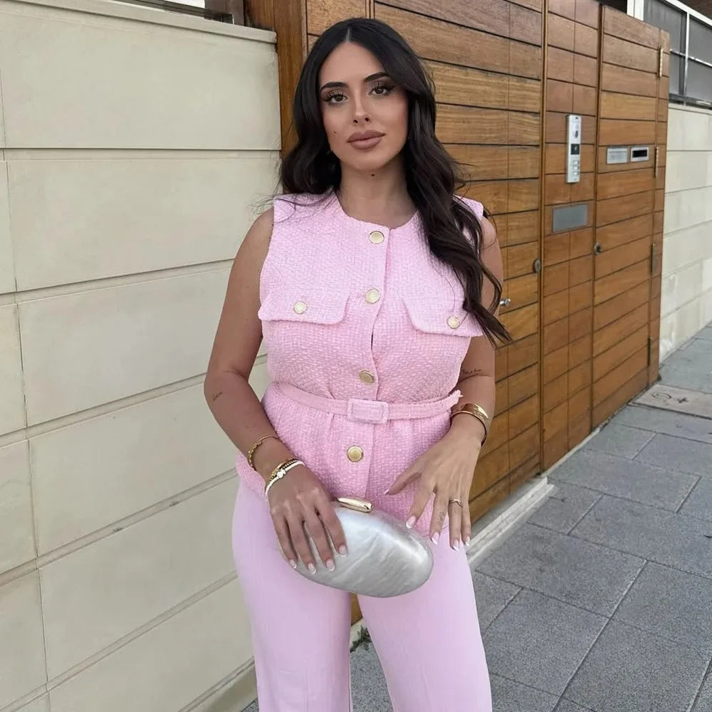 KONDALA Vintage Belt Twist Waistcoats Women O Neck Sleeveless Gold Button Vest Fashion 2025 Spring Summer Office Lady Blazer Top