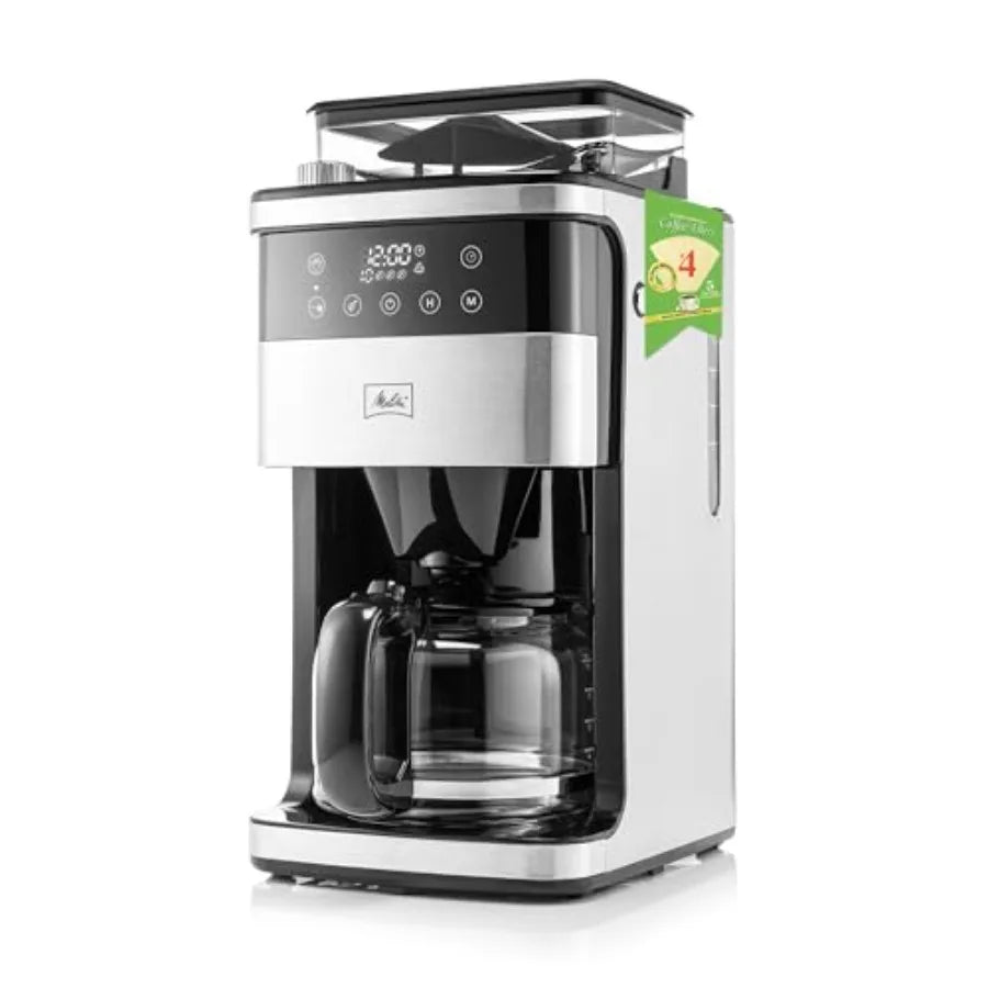 10-Cup Automatic Drip Coffee Maker with Built-in Burr Grinder Programmable 5-Pack Filters Included Stainless Steel Finish Keeps