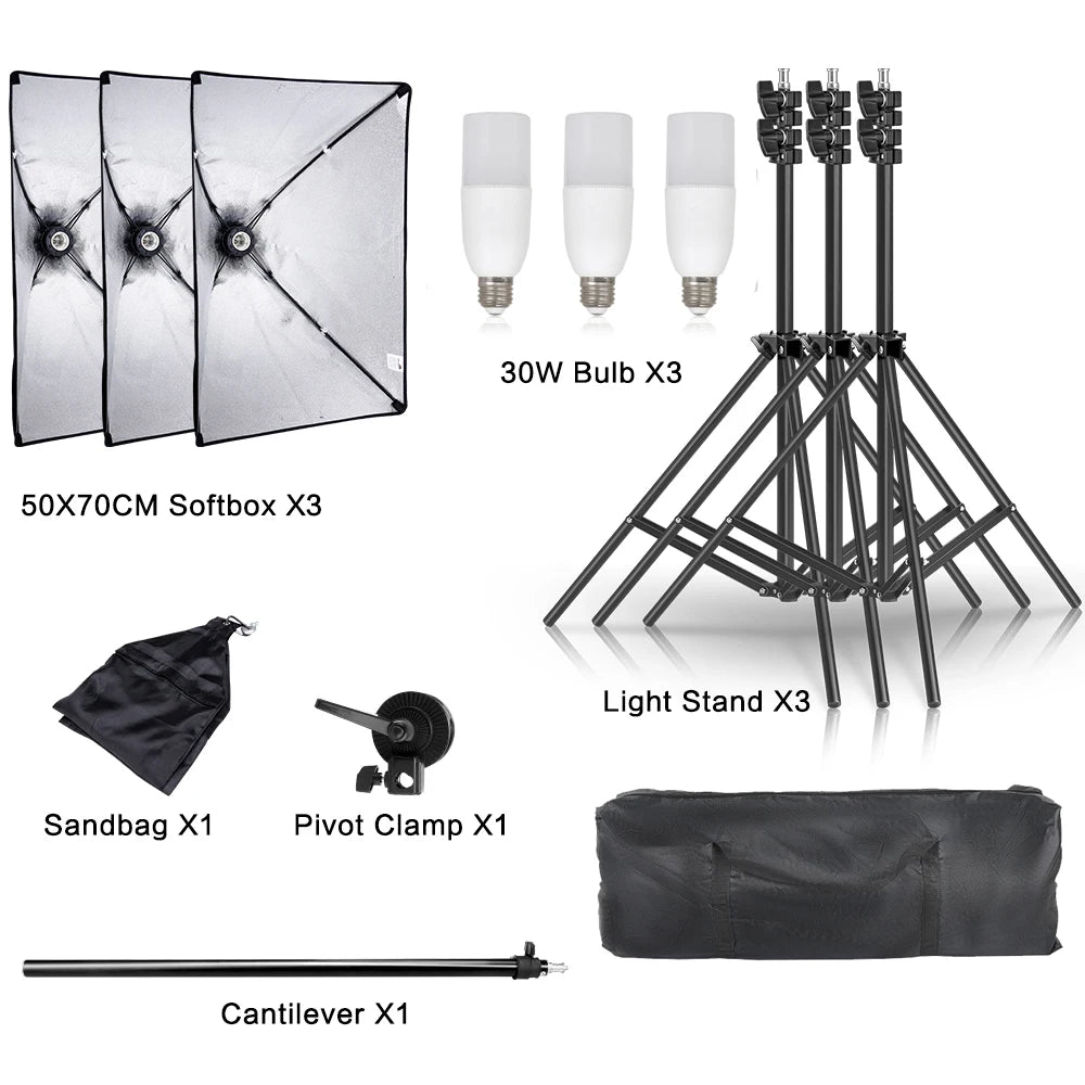 New 30w 40w Photography 50x70CM Softbox Lighting Kits System Soft box Continuous Light Use For Photo Studio Portrait Shooting