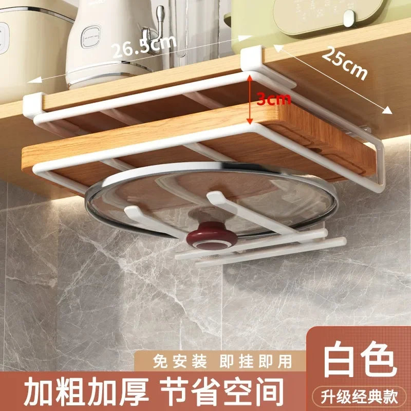 Kitchen Hanging Organizer Rack with Hooks Under Cupboard Paper Towel Rags Hanger Cutting Board Pot Cover Holder Storage Shelf