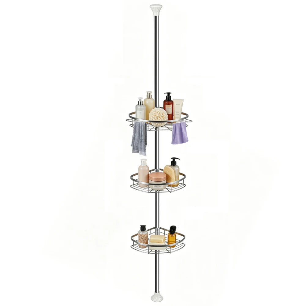 Telescopic Shower Shelf, Stainless Steel Corner Shelf with 4 Shower Baskets, Adjustable 110-280cm for Bathroom and Kitchen