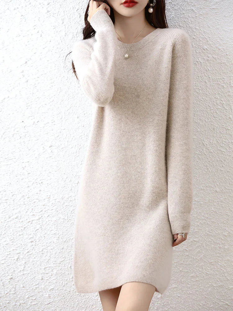 Knit Dresses for Women's Fashion Sweater 100% Merino Wool Winter Ladies O-Neck Warm Knitted Dress Fall Female Casual Black Skirt