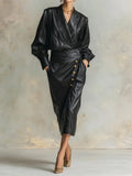 Freeavy Women's PU Leather Long Sleeves Dres V-neck High Waist A-line Pleated Midi Dress 2026 Spring Stylish Trench Coats