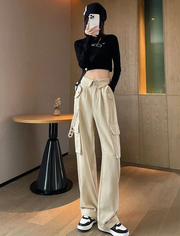Denim Pants Woman Cargo Trousers Straight Leg with Pockets Jeans for Women Wide on Sale Stylish Loosefit Size X Larg Gyaru Baggy