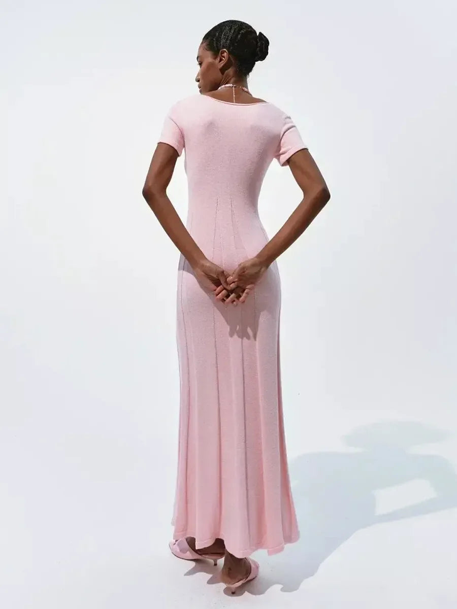 TARUXY Spring Summer Short-Sleeved Knitted Dress Women Solid V-Neck Slit Long Dress Slim Sexy Commuting Leisure Dress Female New