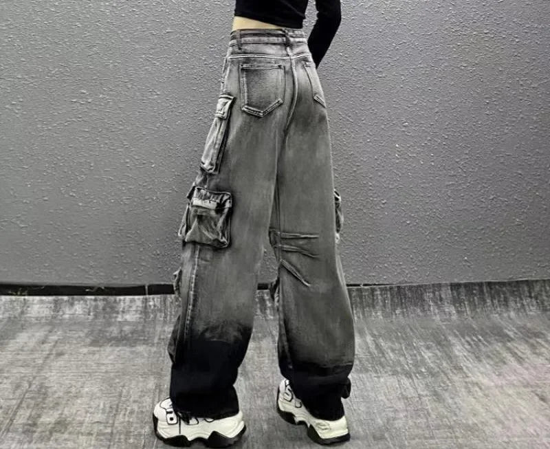 Jeans Women Denim Distressed Multi Pocket Y2k Streetwear Cargo Pants Casual High Waist Zipper Fly Winter Gradient Mom Jeans