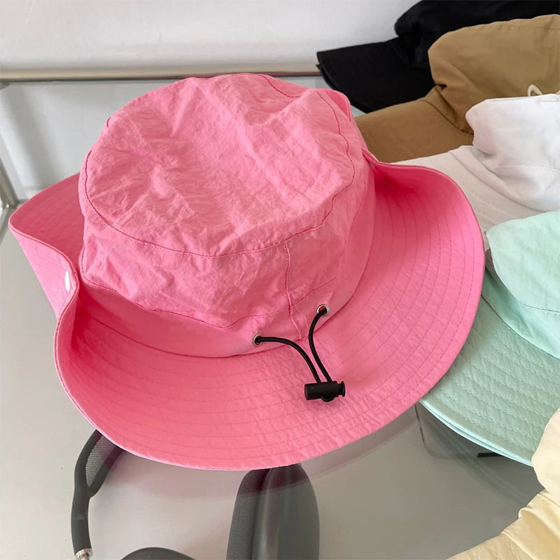 Korean Pink Bow Quick Dry Fisherman Hat Windproof Rope Women Outdoor Camping Mountaineering Hats Girl Summer Sunscreen Bowl Cap