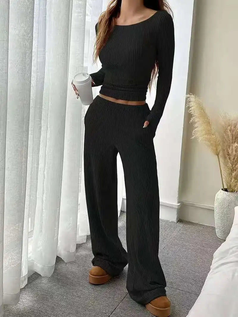 Off Shoulder Ribbed Two Piece Outfit Women Long Sleeve Crop Top Wide Leg Pants Set