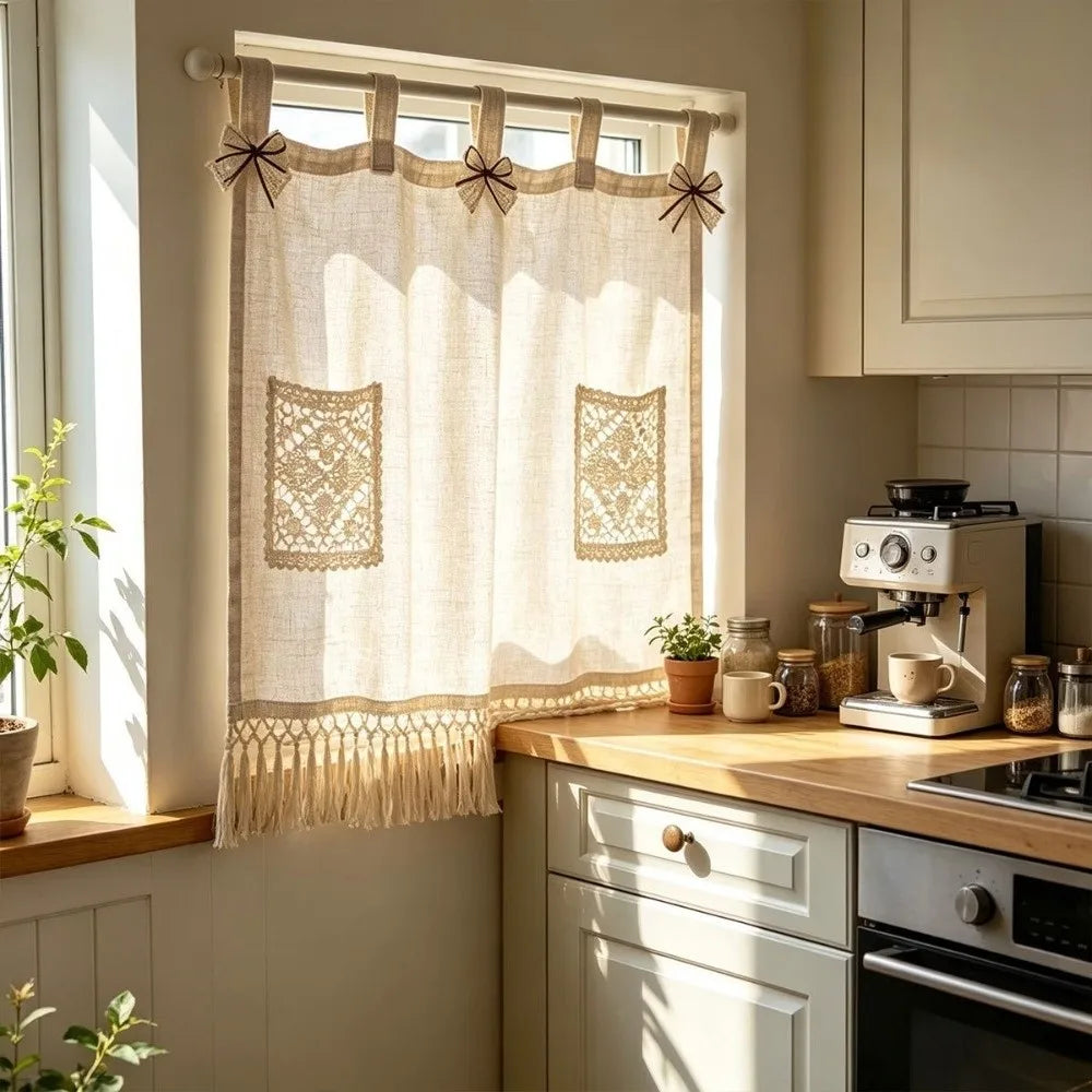 Vintage Oven Cover Curtain with Pocket Detachable Kitchen Stove Cover Skirt with Tassels Rustic Boho Curtain Panel Oven Door