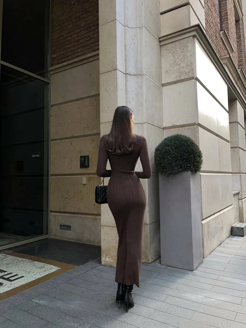 VEITCHE Autumn Winter Women Knitted Long Sleeved Sweater Dress Sexy Slim Fit Striped High elasticity Female Vestidos Sweater Out