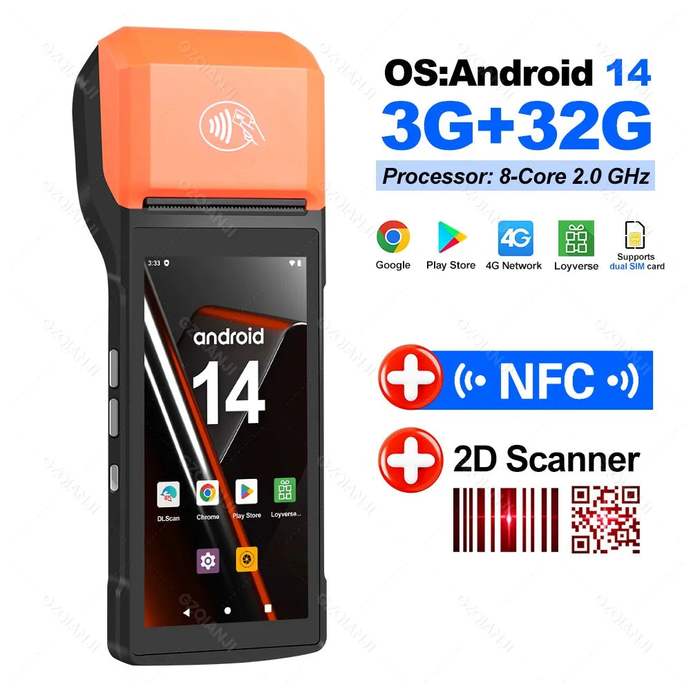 Handheld Android POS PDA Terminal 58mm Receipt Bill Thermal Printer All In One with NFC Camera 1D 2D Barcode Reader Optional