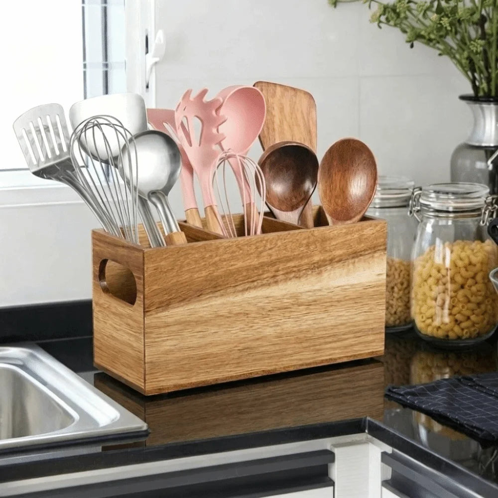 Kitchen Tools Wooden Utensil Organizer Space Saving 3 Compartment Cutlery Holder Rustic Durable Storage Rack Kitchen