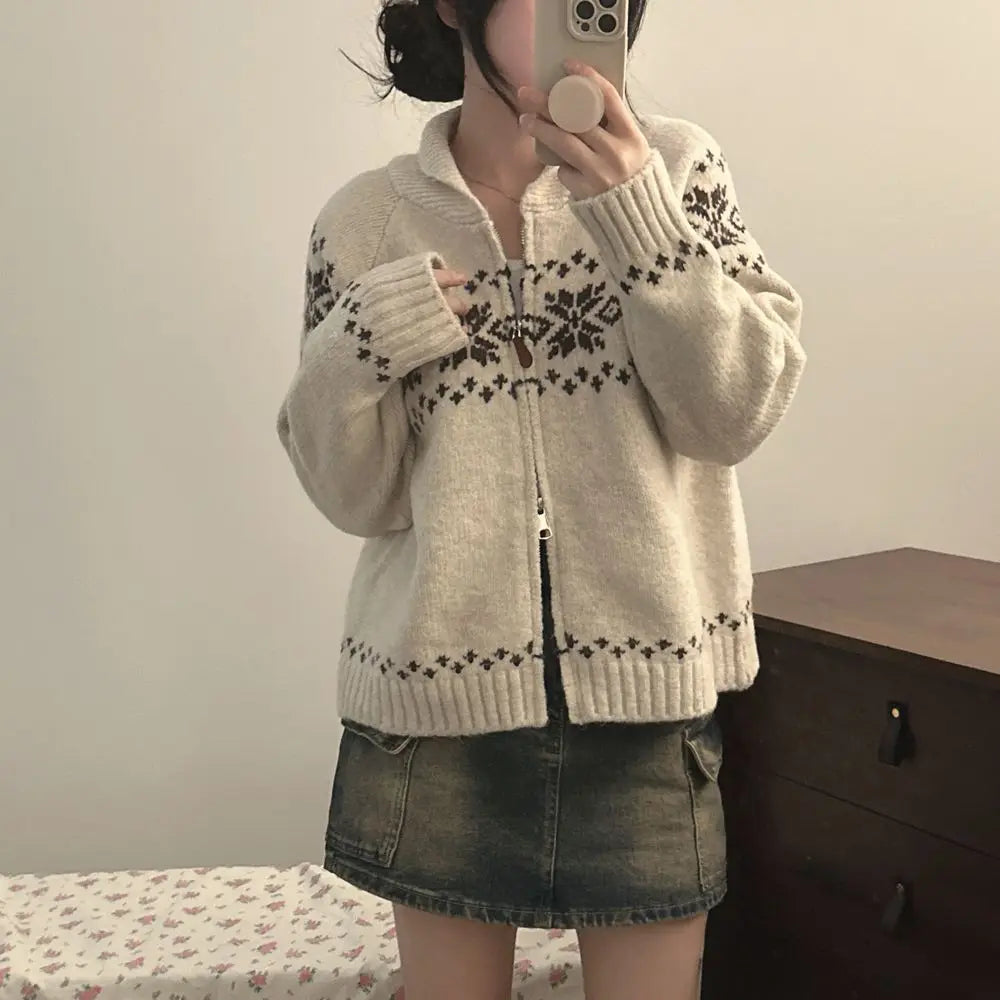 New Autumn Winter Women Fashion Elegant Knitwear Long Sleeve Sweater Fall Korean Style Casual Knitted Top Zipper Lapel Jacket