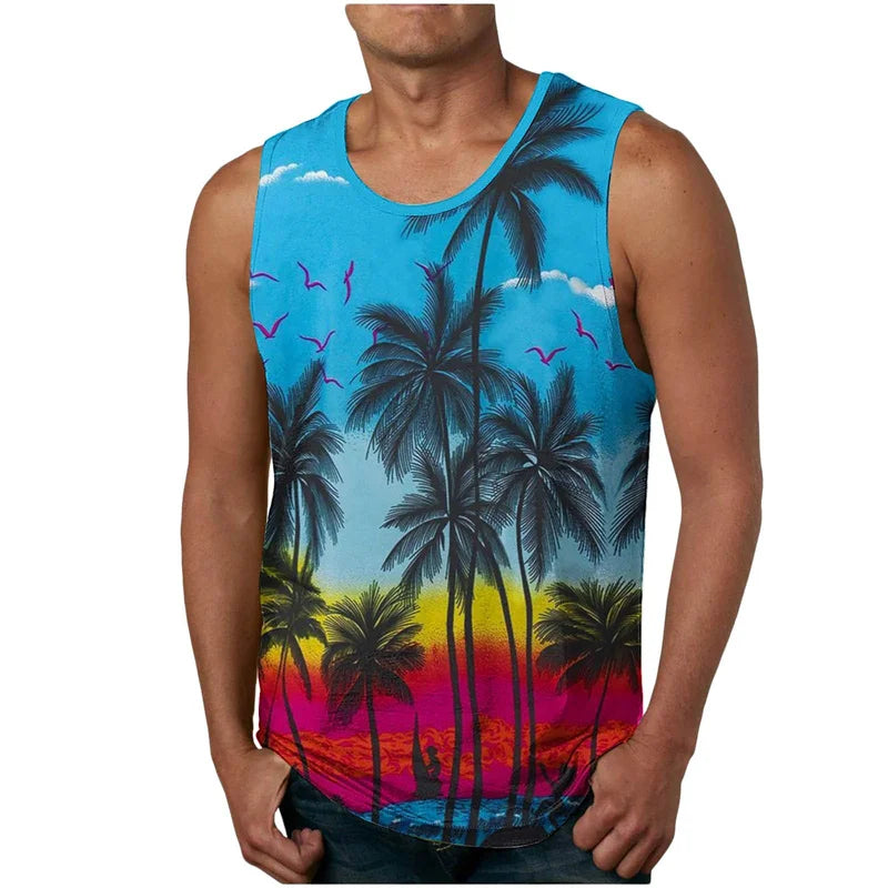 vintage Summer 3D New Coconut Trees Printed Tank Top Tropical Leaves Graphic Tank Tops Men Fashion Cool Streetwear Clothing Vest