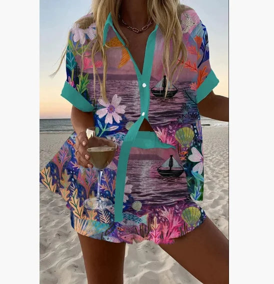2025 New Summer Vacation Shorts Set 3D Printed Seaside Tropical Casual Lapel Shirt Blouse Top Shorts 2-Piece Suits Beach Holiday