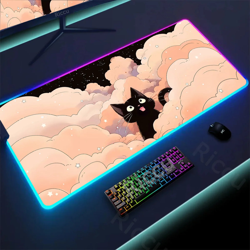 RGB Mousepad Pink Cloud Cat Cartoon Deskmat LED Backlight Gaming Keyboard Rug Computer Office Accessories Kawaii Anime Mouse Pad