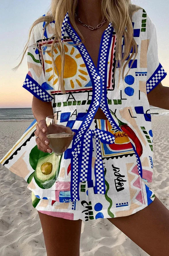 Fashion Print Beach Holiday 2 Piece Set Women Summer Short Sleeve Shirt Top Wide Legs Shorts Women's Oversize Two Piece Outfit