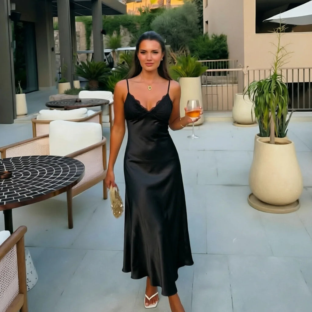 Butter Yellow Satin Bias Cut Lace Patchwork Midi Dress Women's V Neck Backless Suspenders Dresses 2026 New Dinner Party Vestidos