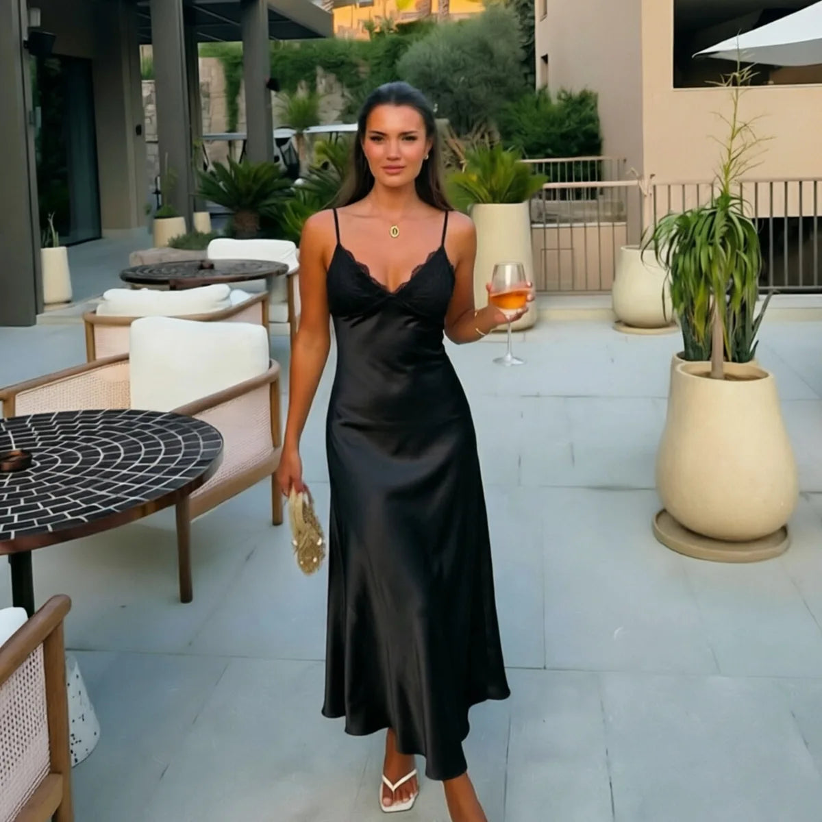 Butter Yellow Satin Bias Cut Lace Patchwork Midi Dress Women's V Neck Backless Suspenders Dresses 2026 New Dinner Party Vestidos