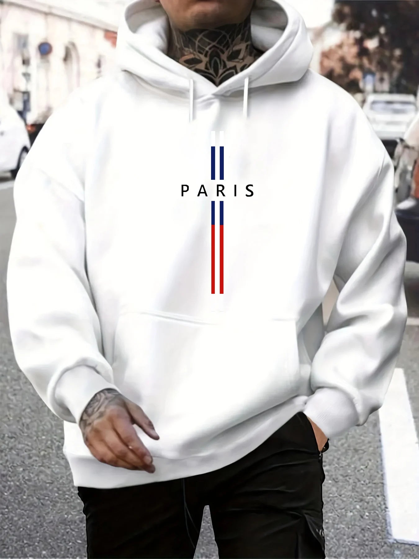 Men's autumn and winter casual fashionable loose hooded sweatshirt Paris letter printed long sleeved warm pullover