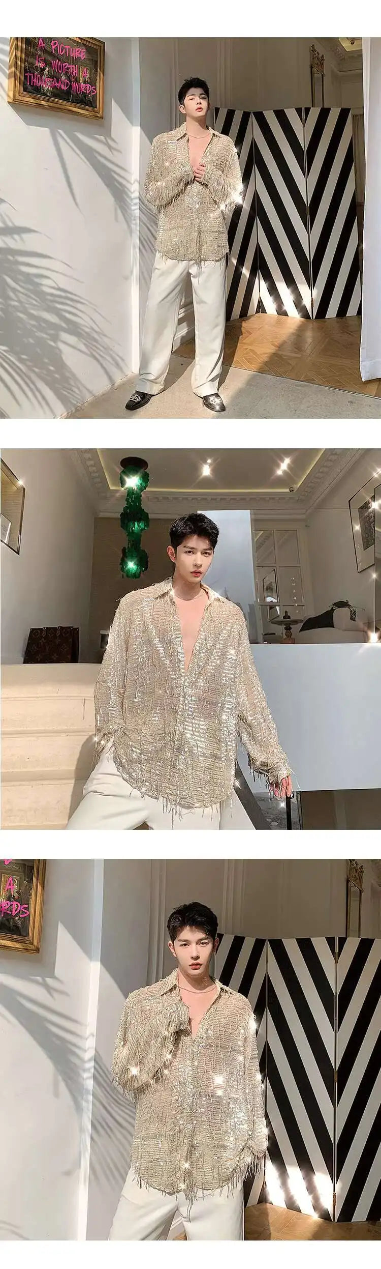 IEFB Spring Summer Men's Shirt Long Sleeve New Irregular Sequin Tassel Shirts Niche Streetwear Korean Style Male Top Tide 9Y7232