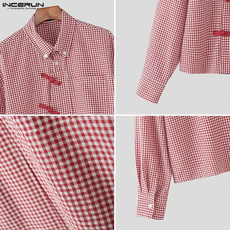 INCERUN Men Plaid Shirt Lapel Long Sleeve Patchwork Loose Men Clothing Streetwear 2026 Spring Fashion Casual Tops Male Shirts