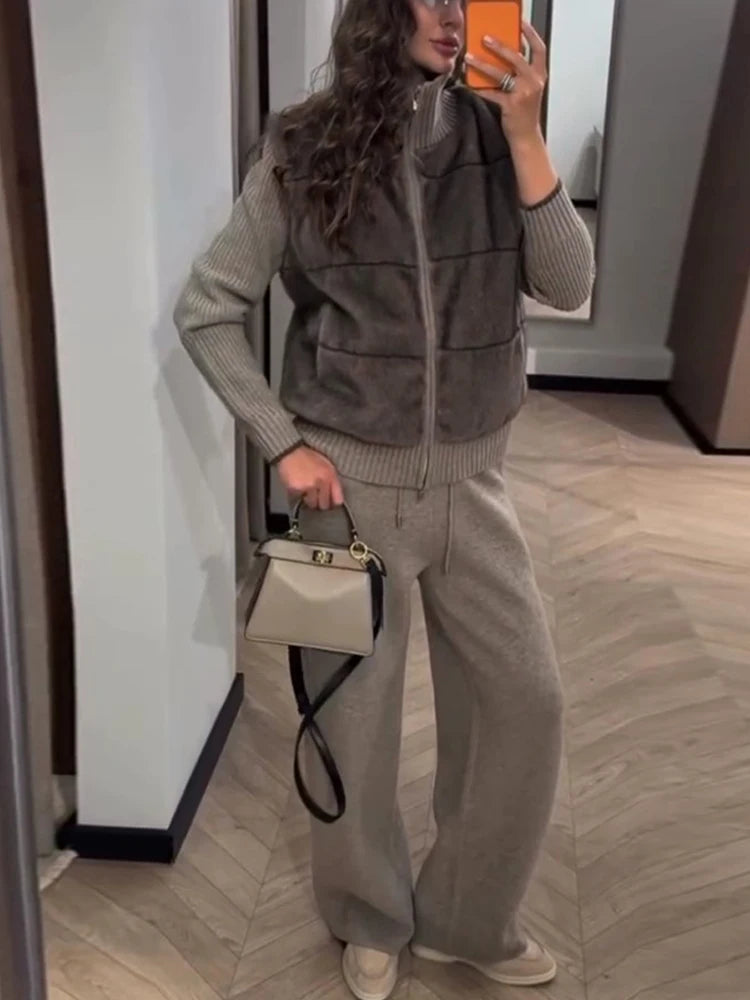2026 Spring Knitted Long Pants Sets For Women Faux Fur Patchwork Zipper Sweater Jacket Wide Leg Trousers Lady Chic 2 Pieces Sets