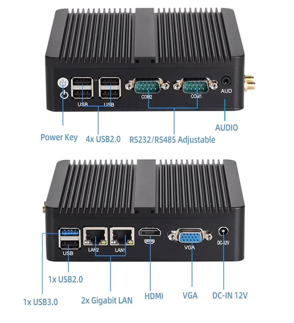 XCY Mini PC Intel Celeron J6412 Quad Cores 2x RS232/485 Dual Ethernet Mini PCIe HDMI VGA Fanless Industrial IPC Windows Linux