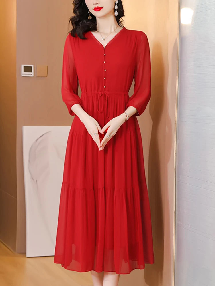 Summer New Silk Red Vintage Loose Midi Women Elegant Bodycon Evening Dress Bandage Casual Holiday Party Pretty Dress XQ295