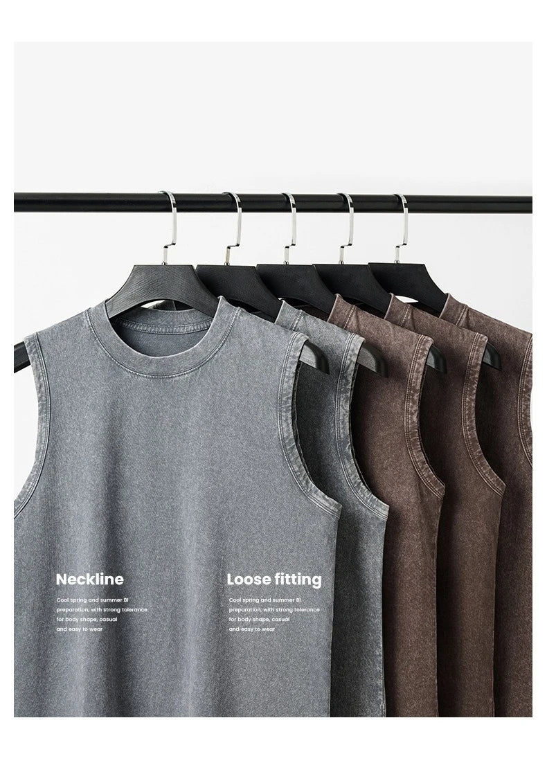 230g Pure Cotton European and American High Street Retro Washed Distressed Sleeveless Vest Men's Casual Loose Shoulder T-shirt