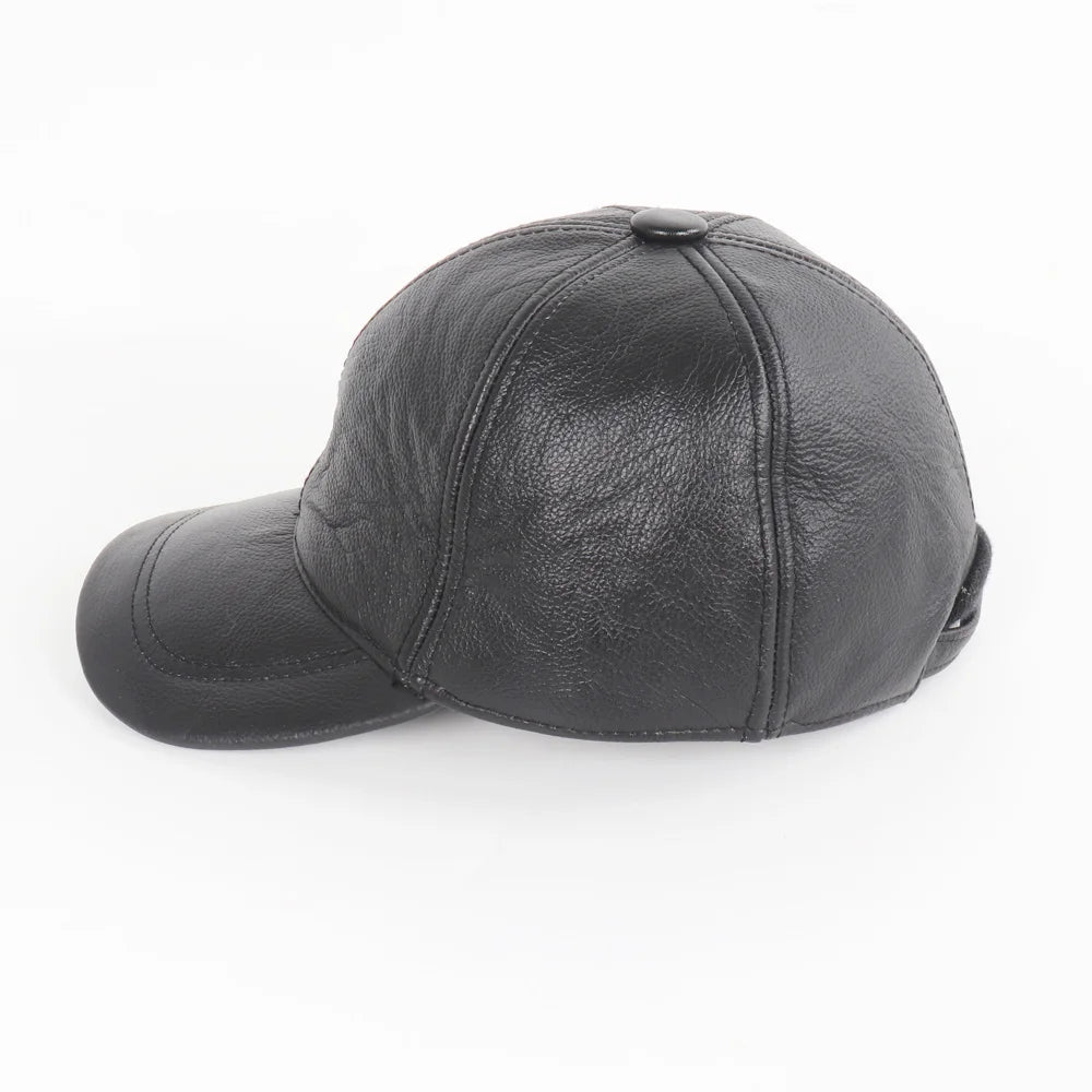 New Men Casual Real Leather Earflap Cap Men Real Cowhide Leather Caps Male Fall Winter Genuine Real Cow Leather Baseball Hats