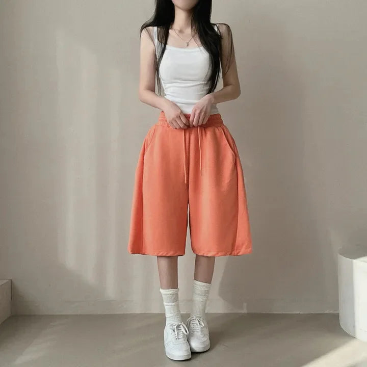 Summer Drawstring Wide Leg Shorts Women Fitness Running Loose Casual Large Sports Shorts Sweat Short High Elastic Lace Up Pants