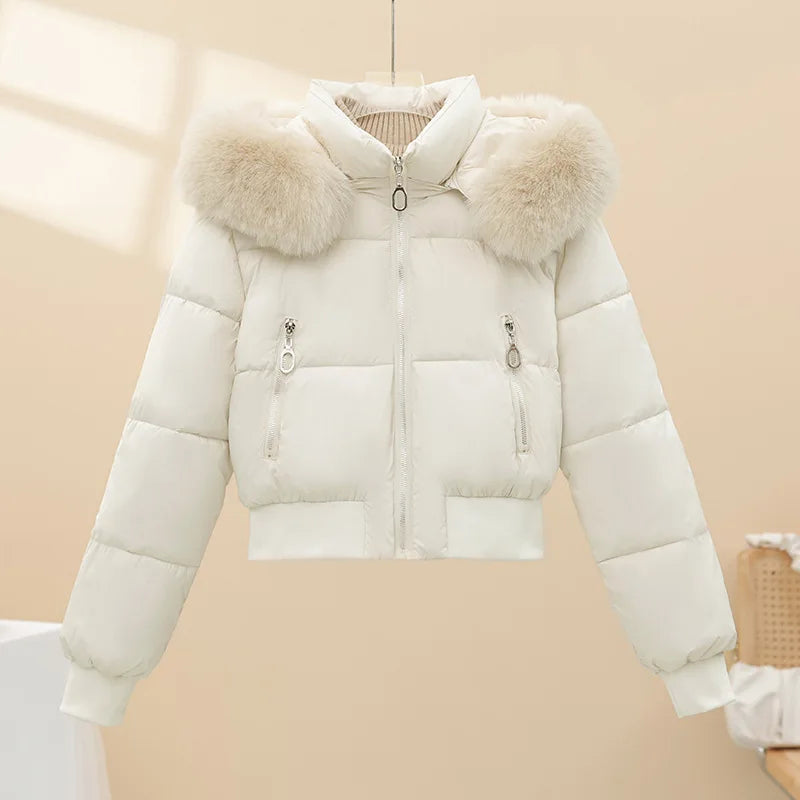 American Waistedn Big Fur Collar Hooded Short Cotton Coat for Women Winter New Fashionable Hat Detachable Casual Slimming Jacket