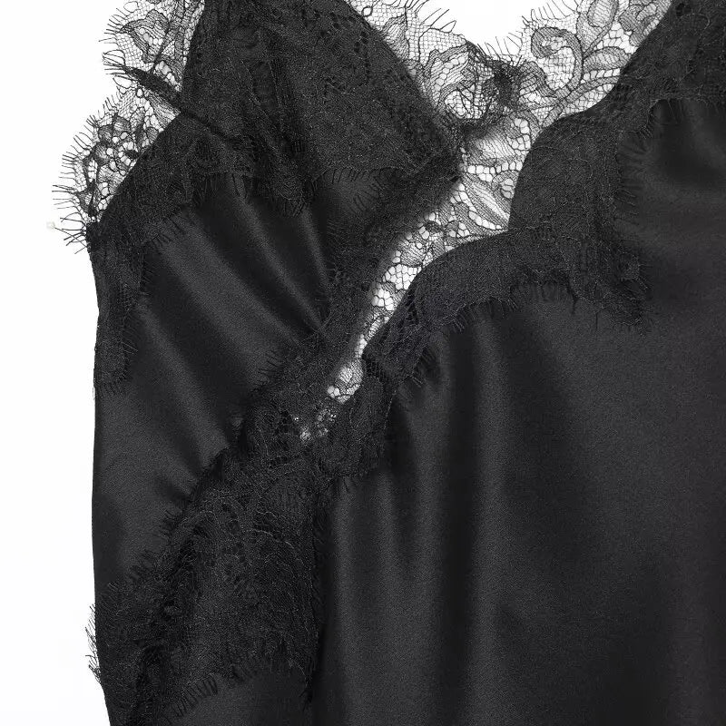 Zevity 2025 Women Sexy Hollow Out Lace Stitching Hem Irregular Mini Dress Female Chic Spaghetti Strap Soft Party Vestidos DS9446