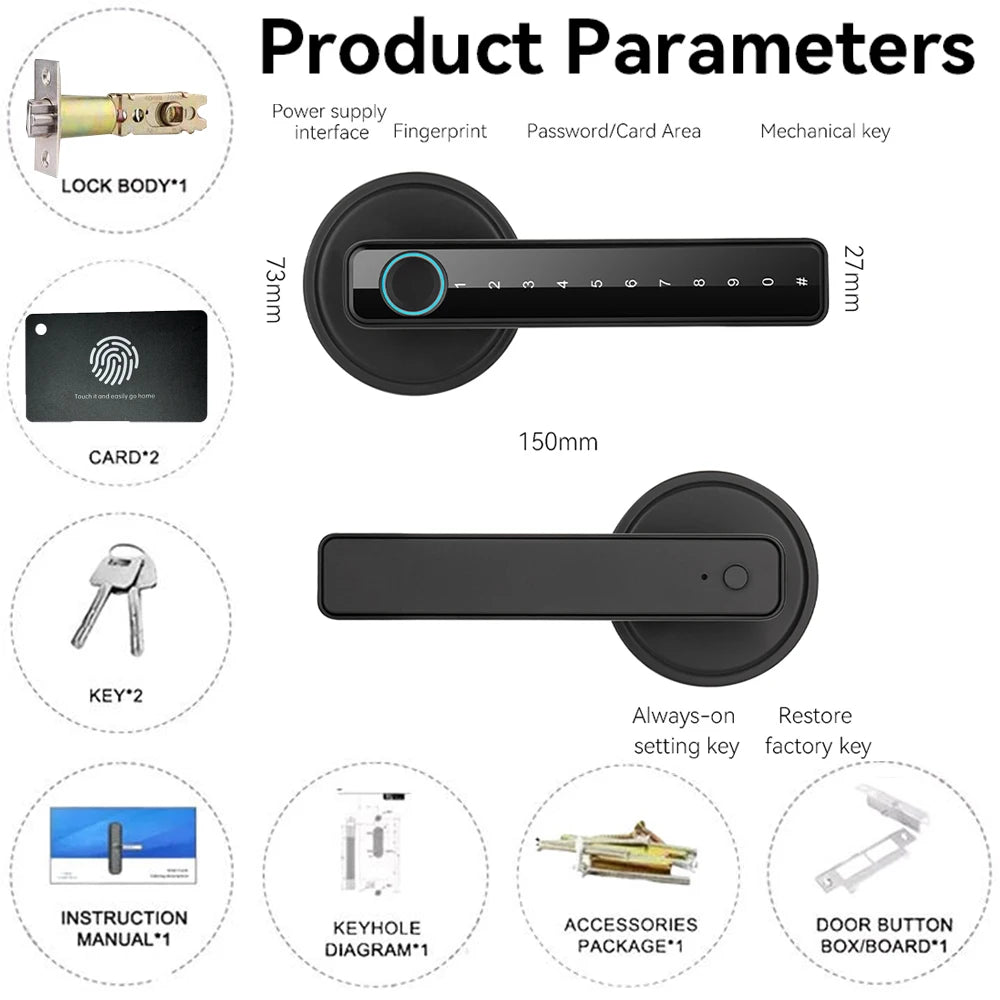 Tuya Bluetooth Smart Fingerprint Door Lock Electronic Lock With Password/Key/Card/APP Unlock Home Protection Smart Life Control