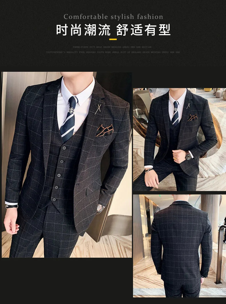 S-7XL ( Blazer + Vest + Pants ) Striped Plaid Solid Color Mens Formal Business Suit 3Pcs Set Groom Wedding Social Show Dress