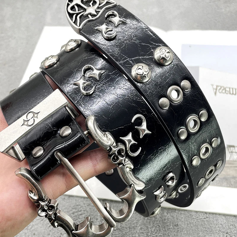 NEW High-end Leather Belt Heavy Metal Rivet Punk Belts For Men Rock Stud Cowboy Belt Gothic Accessories Luxury Brands Waistband