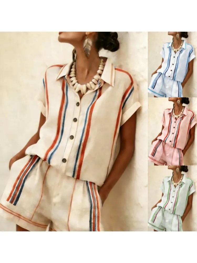 2026 Women Two-piece Set  Vertical Striped Top Women's Summer Loose Casual Versatile Lapel-neck Shorts Sleeve Shirt Shorts Suit