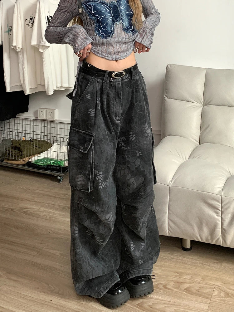 Plus Size Womens Loose Jeans Casual Comfort Stretch Denim Pants Wide Leg Trousers Camo Snake Design Trendy