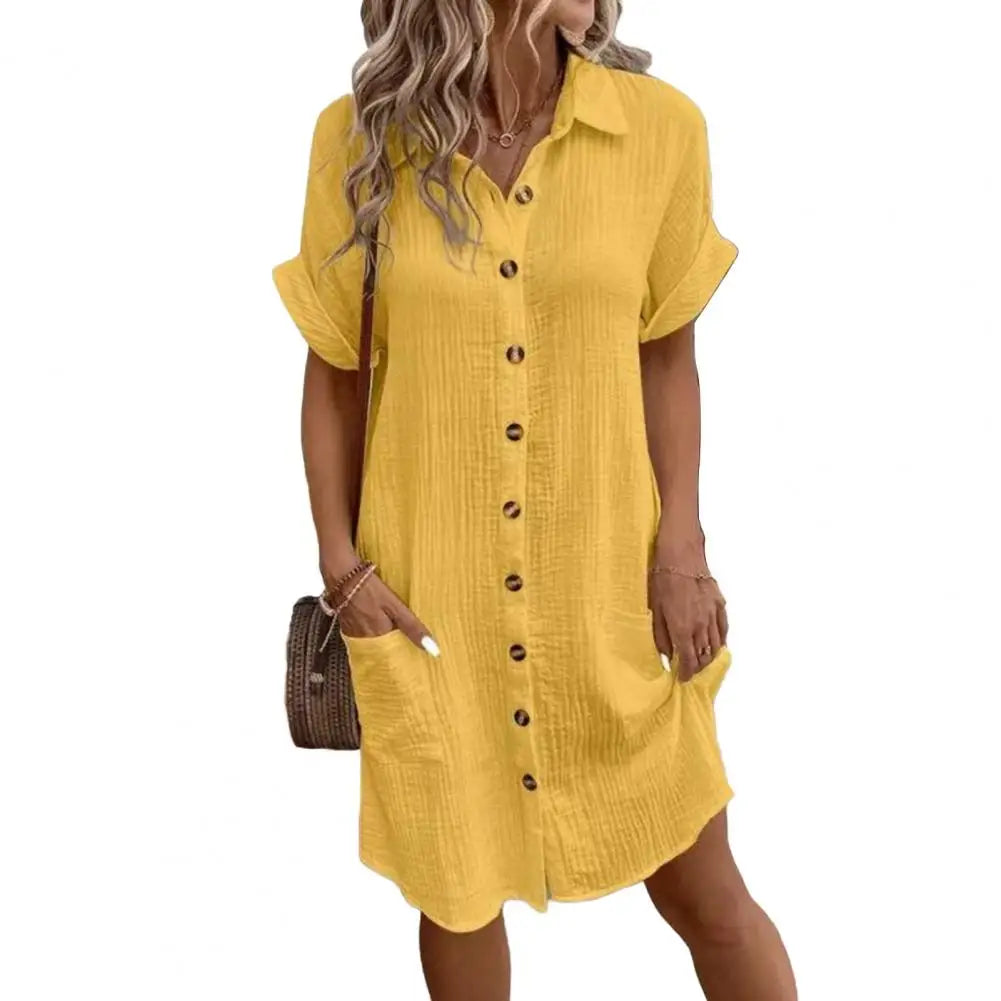 2026 Women's Cotton Linen Dress Casual Button Down V-neck Dress Summer Short Sleeve Beach Sundress Elegant Women Maxi Dress