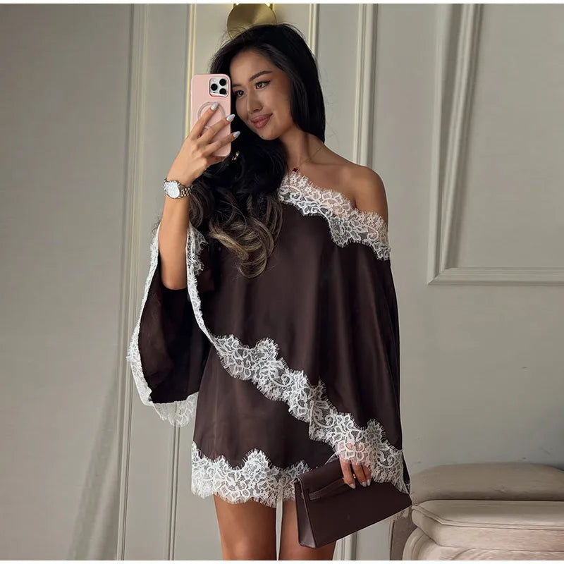 Elegant Women's Satin Lace Patchwork Top Skirt Set Loose Sloping Shoulder Full Sleeve Top Mini Skirts 2026 Summer Lady Suit