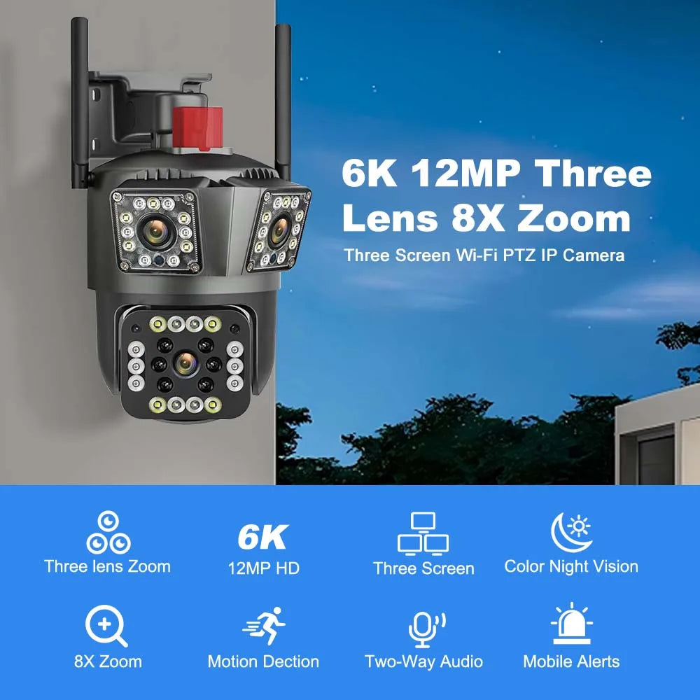 6K 12MP WiFi Security Camera with 8X Zoom Triple Lens Auto Tracking 8MP IP CCTV for Smart Home Wireless Surveillance