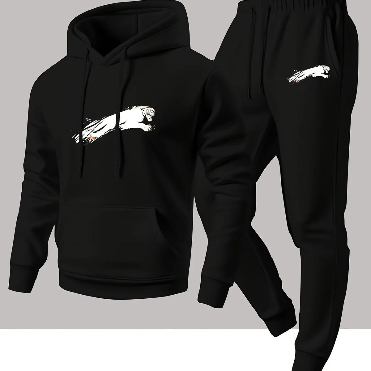Men's street‑style black panther print hooded sweatshirt and jogging pants set - a comfortable and casual sports outfit
