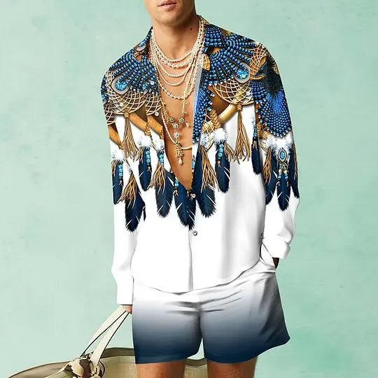 2PCS Suits Men Fashion Shirts+Shorts Two Piece Sets Hawaii Shirts Luxury European Shirt Sets Beach Vocation Outfits Streetwear
