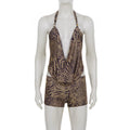 2026 Woman Leopard Print 2 Piece Set Outfit Halter Deep V-neck Backless Crop Top & Low-Rise Shorts Sexy 2pcs Summer Clothes